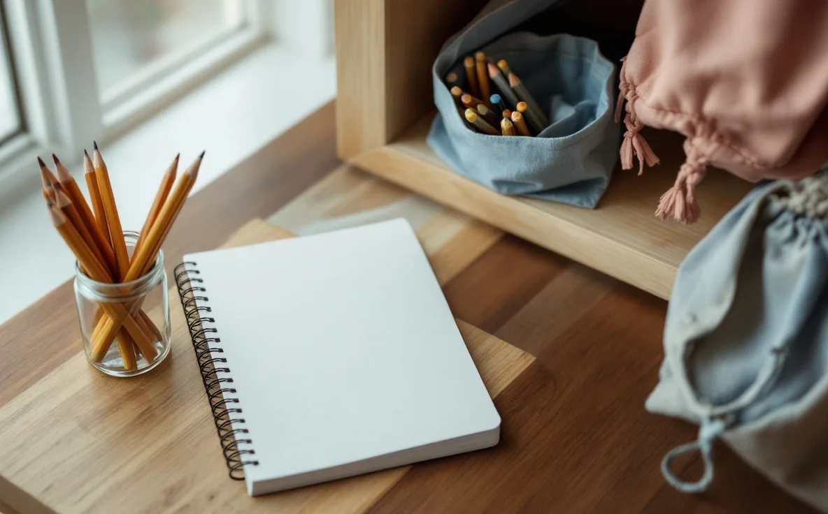A plain notebook sits beside a cupboard stocked with pencils and fabric bags.