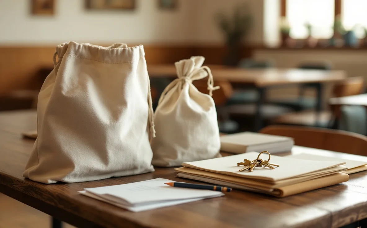 Supply bags, pencils, folders, and keys arranged on a wooden planning table.