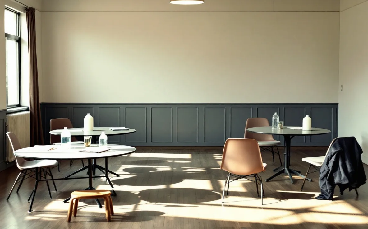 Three small groups of chairs and tables prepared with paper and water for discussion.