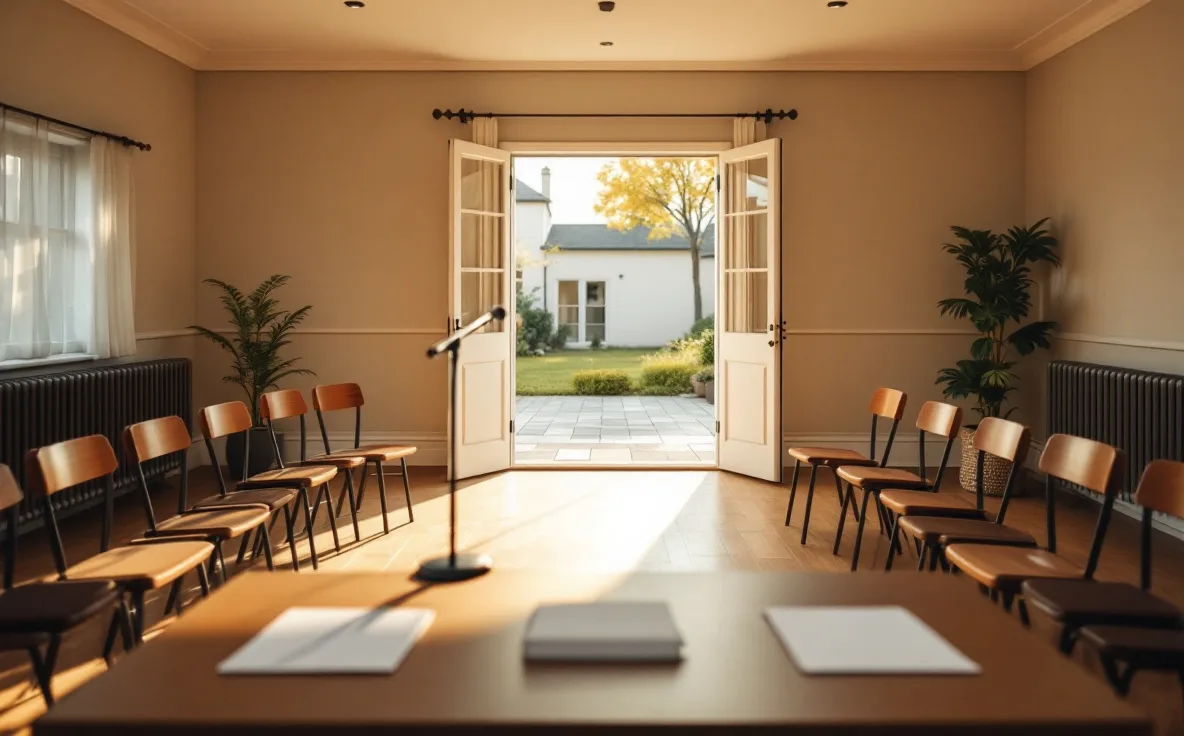 Chairs and a meeting table are arranged with clear routes beside an open courtyard door.