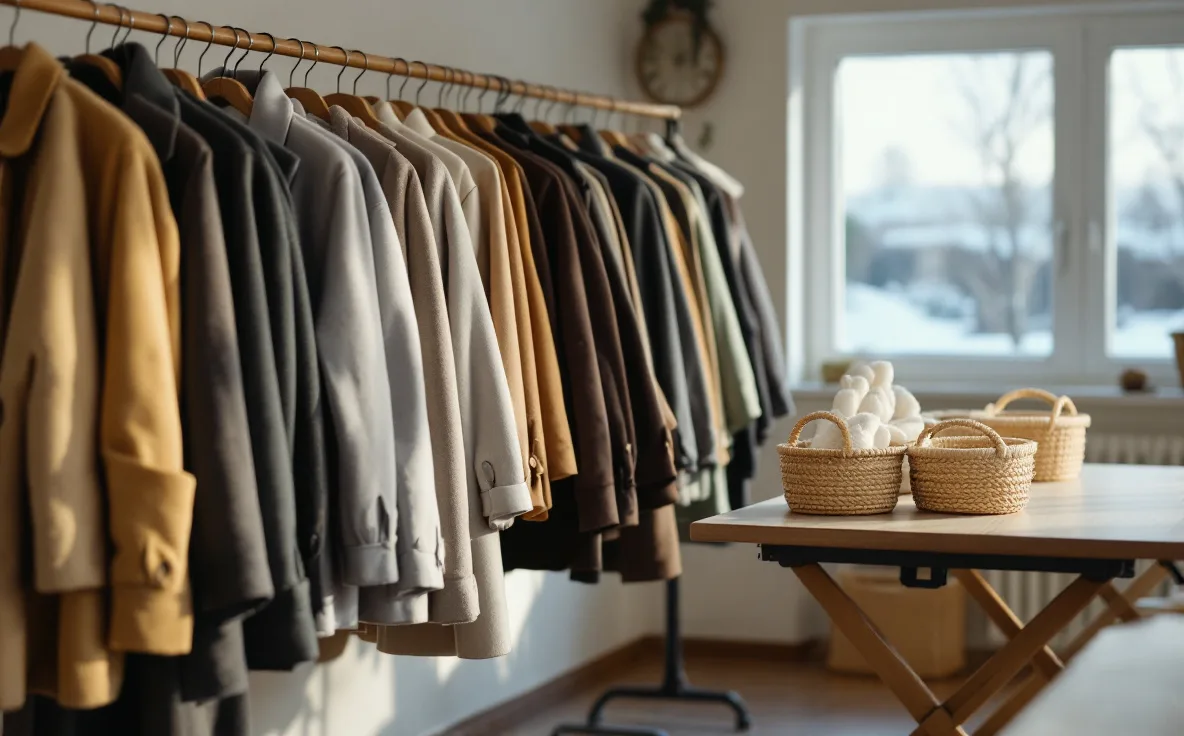 Coats on a wooden rail beside baskets and a folding table in a community room.
