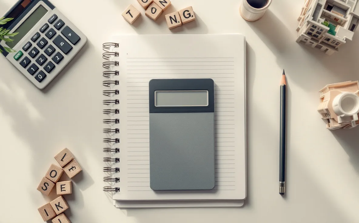 A calculator, pencil, open ledger, counting blocks, and small building model on a desk.