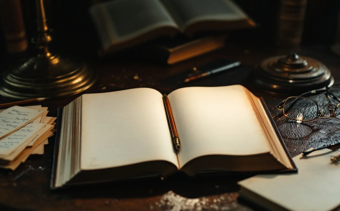 An open clothbound book, pencil, annotation slips, and glasses under a reading lamp.