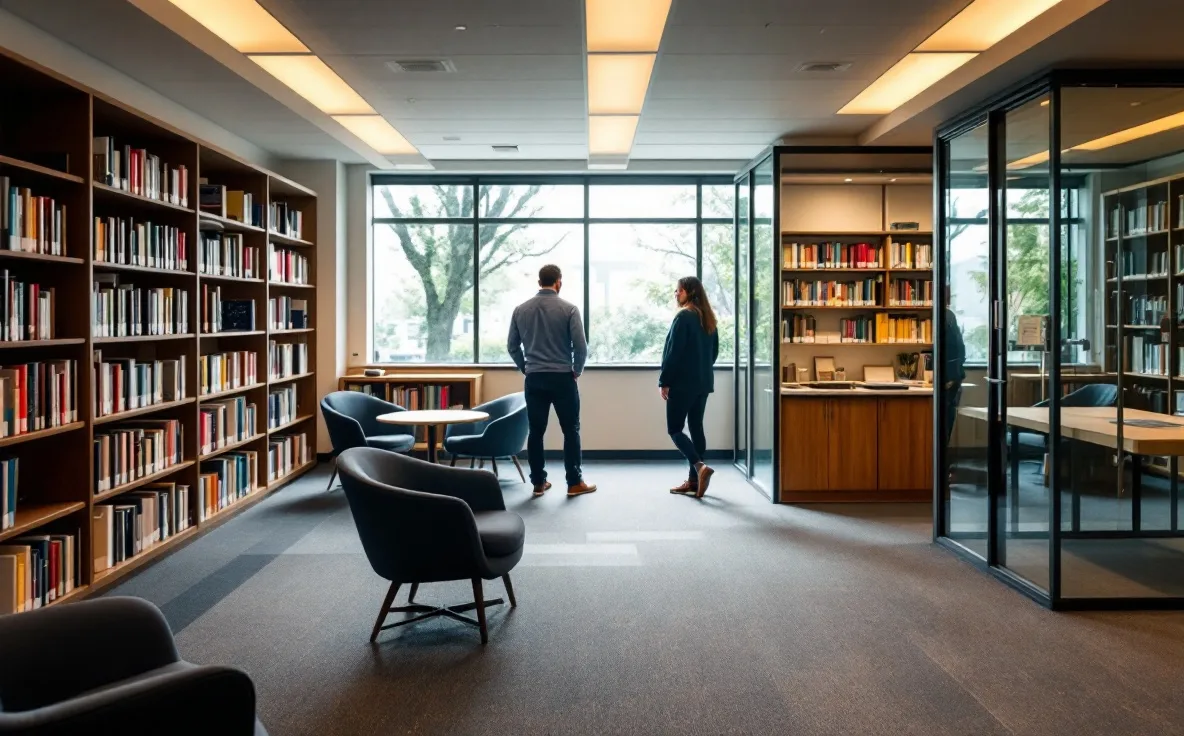 A reading area with separate seats looks toward a side room prepared for repair work.