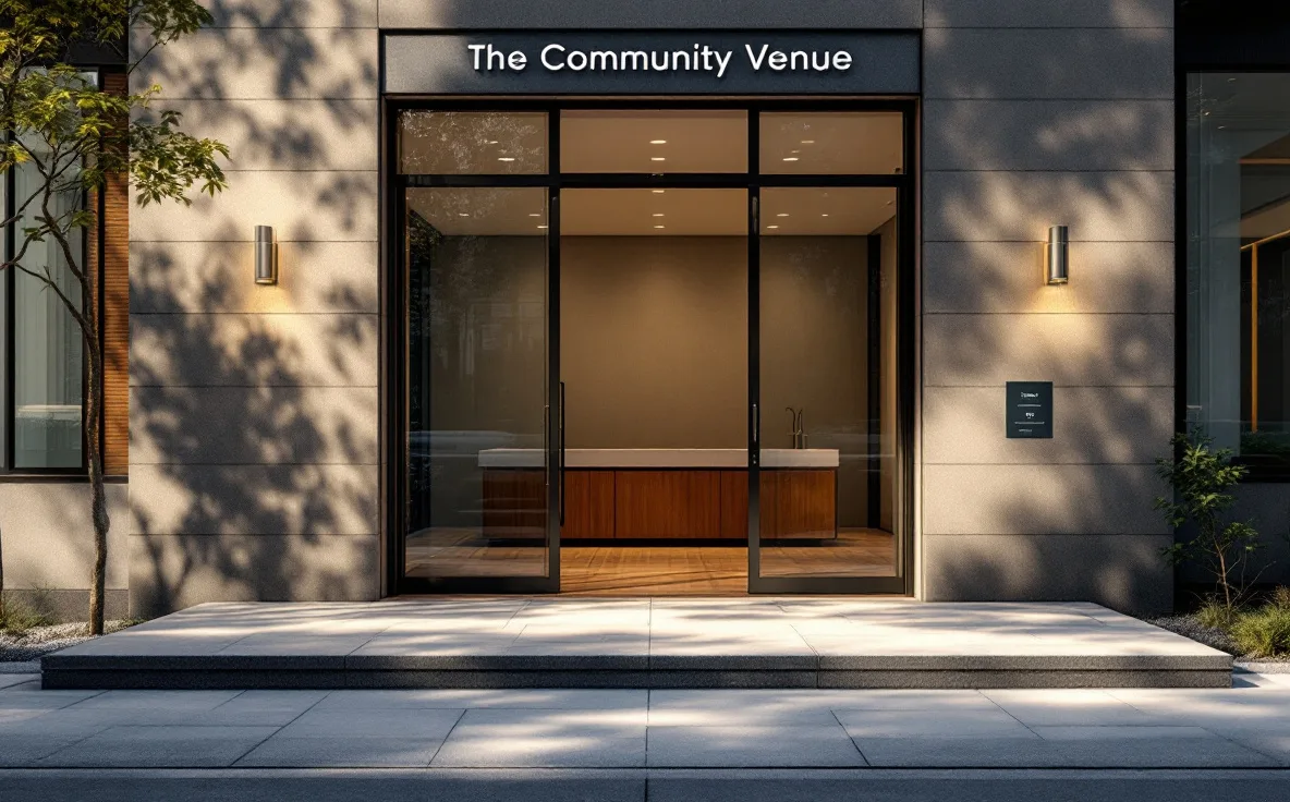 A level approach leads through an open entrance to a simple reception desk.