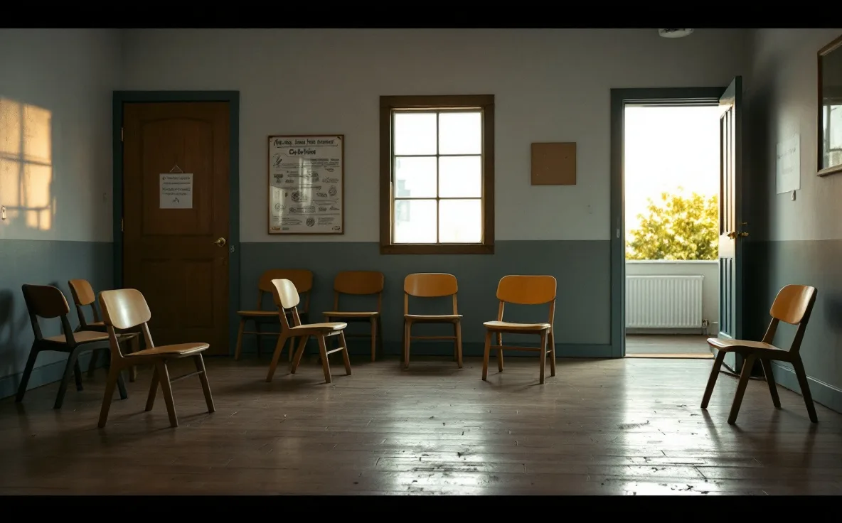 Wooden chairs in a neighborhood meeting room beside a wide level doorway.